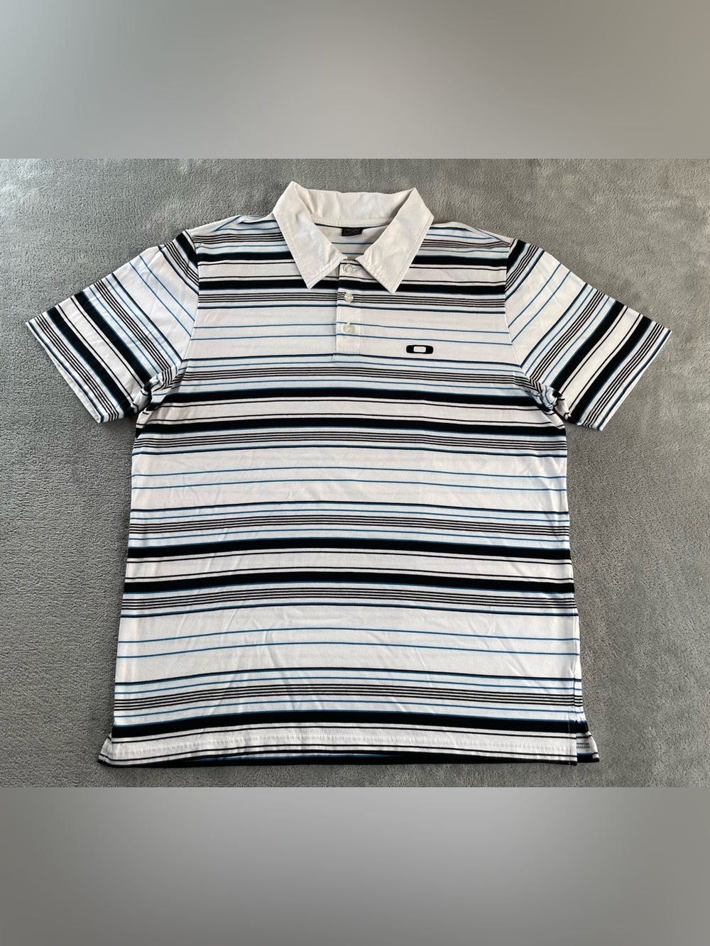 Oakley Vtg Cotton Polo Shirt Mens Large White Black Blue Striped Short Sleeve